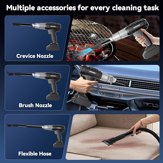 Sonashi 2-in-1 Car Vacuum Cleaner & Tire Inflator - High Power Portable Vacuum with Digital Tire Pressure Gauge, LED Light, Multifunctional Nozzle for Car Interior Cleaning & Emergency Tire Inflation