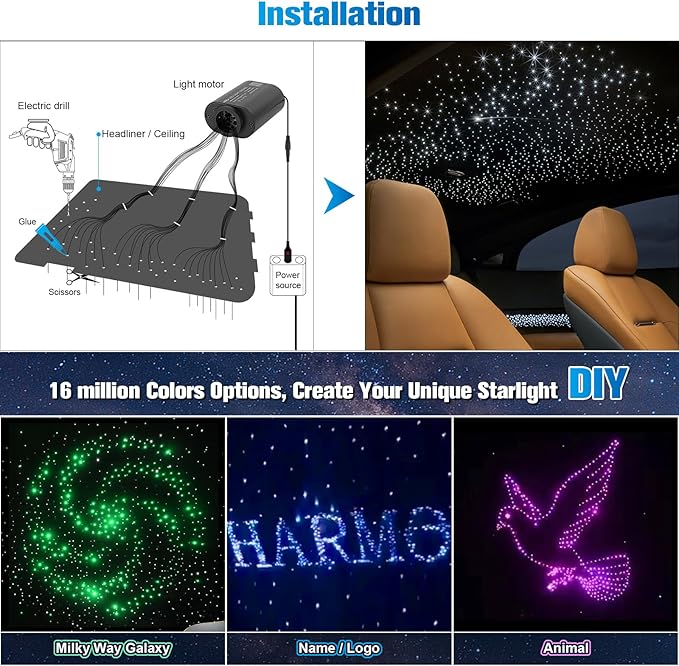 CHINLY Mini Twinkle 550pcs Starlight Headliner Kit 550 Piece Star Lights for Car,9.8ft Car Star Lights,APP RGBW Fiber Optic Light Starlights Headliner Kit for Home Theater