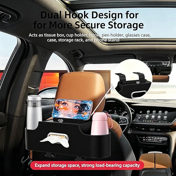 4-in-1 Back Seat Car Organizer, Adjustable Hooks, Universal Fit, with Cup Holder, Tissue Box & Storage, for Travel, Stores Phone, Snacks, Drinks, Handbags, Keeps Car Neat & Space-Saving (Black)