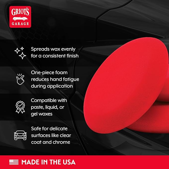 Griot's Garage Hand Wax Applicators, Foam Car Detailing Pads for Smooth Application of Waxes, Polishes, Dressing, Protectants, and More, Machine-Washable and Reusable, Red, Set of 3