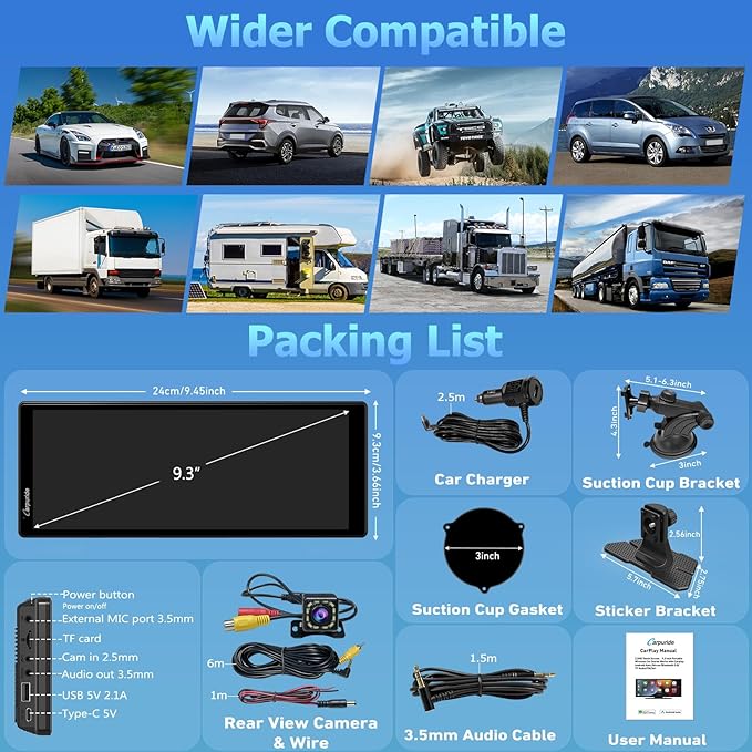CARPURIDE 9.26 Inch Carplay Screen for Car, Compatible with Wireless/Wired Apple CarPlay, Android Auto and Mirror Link - Bluetooth Audio, Navigation,Siri, FM, AUX, C92 with Backup Cam