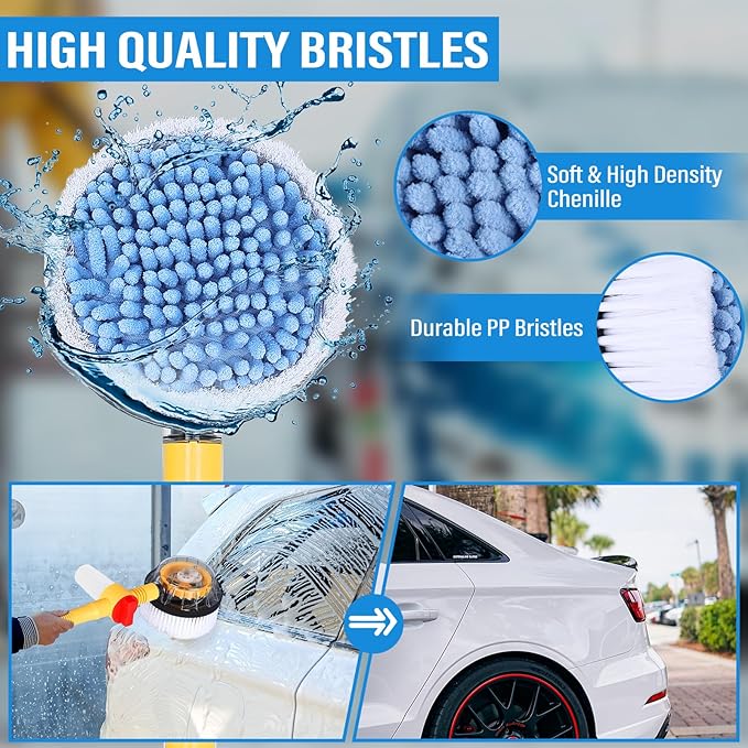 Toolly Car Wash Brush Cleaning Kit, 360° Spin Car Mop, Microfiber Rotating Car Cleaning Brush, Detachable & Extendable Scrub Brush, Garden Hose Spray Nozzle Spray Gun for Cars, Yards, Garden, Pets
