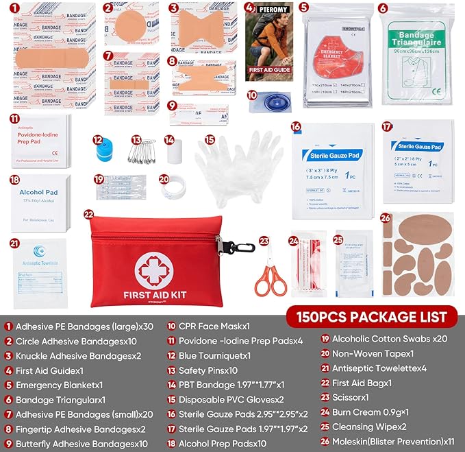 PTEROMY 150 Piece Mini First Aid Kit, Portable Small Emergency Kits Compact 1st Aid Kit for Car, Travel, Home, Camping, Outdoor, Hiking
