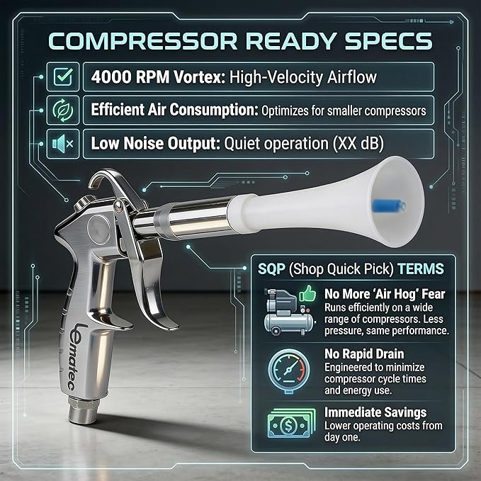 LE LEMATEC Tornado Air Gun for Air Compressor - 4000 RPM, Compact & Lightweight, Low Noise - Ideal Air Gun for Car Detailing and Cleaning Upholstery, Carpets, Furniture