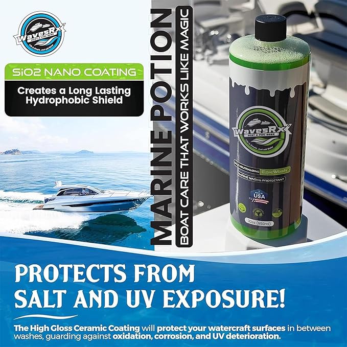 WAVESRX Salt Neutralizing Boat Soap & Jet Ski Wash with SiO2 Surface Protection (EpicWash+), Marine Grade Cleaner Removes Salt & Contaminants, Protective Ceramic Coating Prevents UV Damage