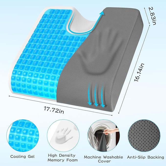 TranquilMoments U-Shaped Gel Memory Foam Seat Cushion, Wheelchair Cushion with Cooling Gel, Ergonomic Coccyx Cushion for Office Chair & Car,Relieve Tailbone Pain, Sciatica, Back Pain, Non-Slip Bottom