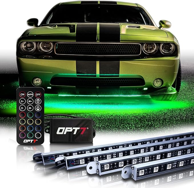 OPT7 Aura Aluminum Car Underglow Lights with Remote Control, Exterior Neon Accent Under Glow Kit for Cars, Waterproof Rigid Light Bars, 12V RGB Multicolor LED Strip
