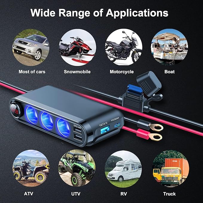 EUGIZMO 12V Cigarette Lighter Socket Splitter, 200W 3 Socket Multi Port Car Cigarette Lighter Adapter Plug Splitter USB Charger Auxiliary 12 Volt Power Outlet with Eyelet Terminal