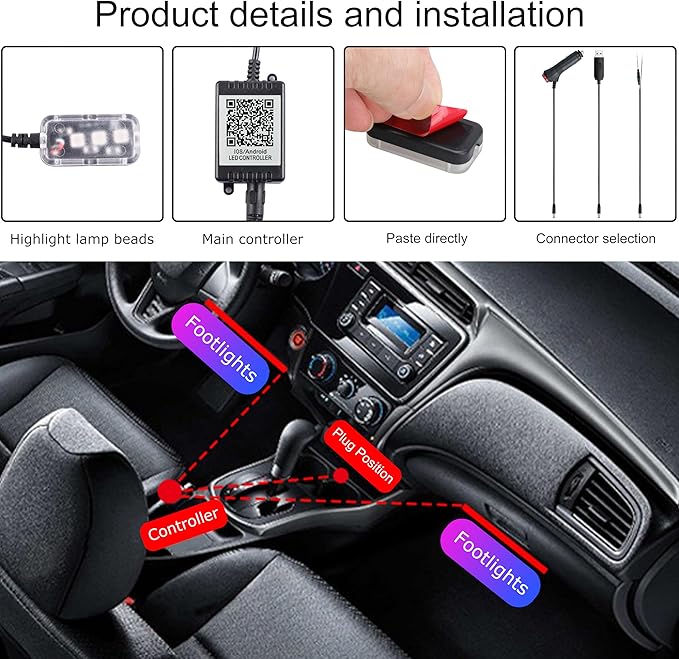 RGB Car Footwell Ambient Lighting Kit 16.7 Millions Colors Sound Active Music Sync APP Control Cigarette Lighter Car Interior Multicolored Footwell Atmosphere Light
