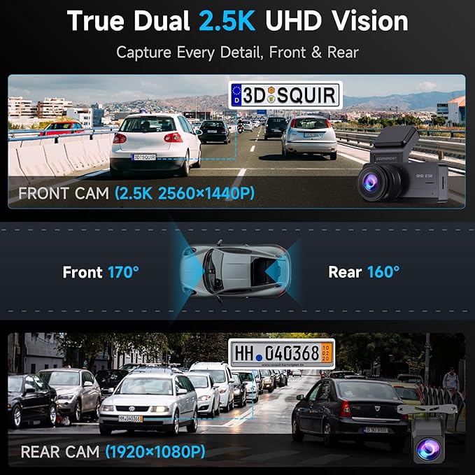 Dash Cam Front and Rear, 2.5K Dual Dash Camera for Cars, Car Camera with 3.16" IPS Screen, 170° Wide Angle, WDR Night Vision, G-Sensor, 24H Parking Monitor, 32GB Card Included, Support 256 GB Max