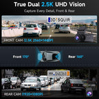 Dash Cam Front and Rear, 2.5K Dual Dash Camera for Cars, Car Camera with 3.16" IPS Screen, 170° Wide Angle, WDR Night Vision, G-Sensor, 24H Parking Monitor, 32GB Card Included, Support 256 GB Max