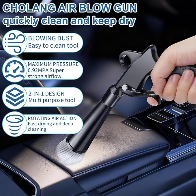 Detailing Car Cleaning Gun Interior Dryer Air Blow Gun, High Pressure Blower Gun with 5 Pcs Brushes for Auto Carpet Seats Dashboard Console Cleaning