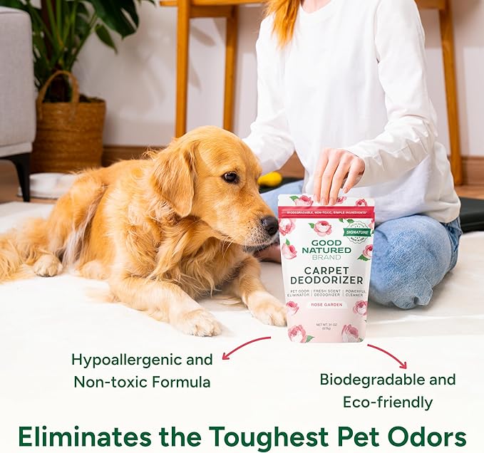 Good Natured Brand | Carpet Freshener & Deodorizer Powder | 31 oz Pet Odor Eliminator for Strong Odor & Pet Urine | Fresh Natural Rose Garden Scent | Safe for Homes with Pets