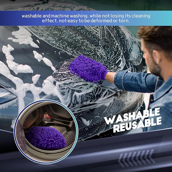 wuyaoyao 2PCS Car Wash Mitt, 10.14"×7.12" Chenille Microfiber Car Wash Mitts, Scratch-Free & Lint-Free, Absorbent Double Sided Clean Glove for Cars Cleaning, Auto Cleaning Supplies (Dark Purple)