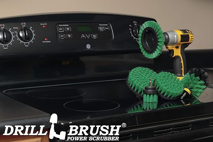 Electric Spin Scrubber Drill Power Kitchen Scrub Brush Green Kit - Cleaning Supplies for Kitchen Accessories - Drill Scrubber Attachment - Cordless Drill Set with Cast Iron Scrubber and Oven Cleaner