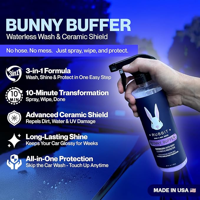Bunny Buffer Bundle, Waterless SiO2 Ceramic Car Wash & Protect Kit with Auto Body Clean and Protect Spray, Glass Cleaner, & 4 Microfiber Towels, Spray and Wipe Car Detailing Kit, 6 Piece Set