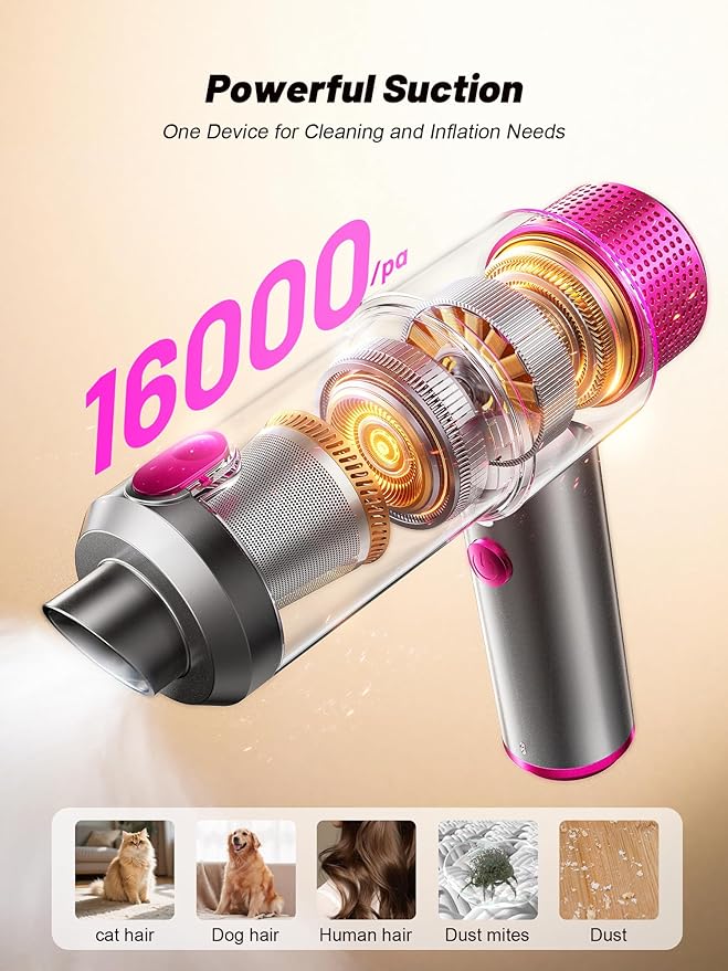 DRFLASH Car Vacuum, 16000PA Strong Suction Handheld Vacuum Cordless, 6-in-1 Portable Mini Car Vacuum Cleaner with LED Light, Type-C Fast Charging, Small Handheld Vac for Car Interior, Pet Hair, Home