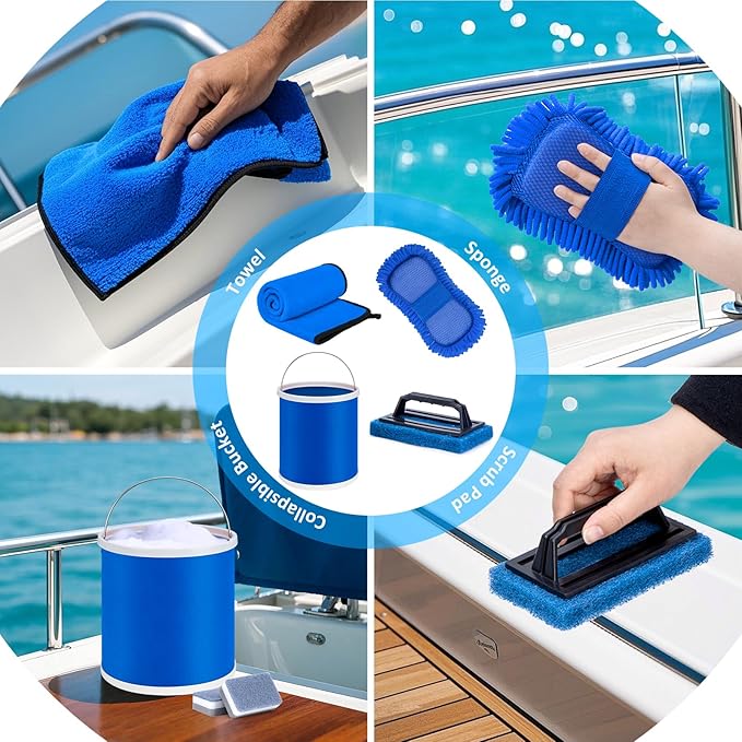 AUTODECO Boat Wash Cleaning Kit with Wet Dry Mop Collapsible Bucket Boat Scrubbing Brush Glove Boat Scuff Sponge Microfiber Towel Complete Interior Exterior Fiberglass Boat Hull Cleaning Set for Boat