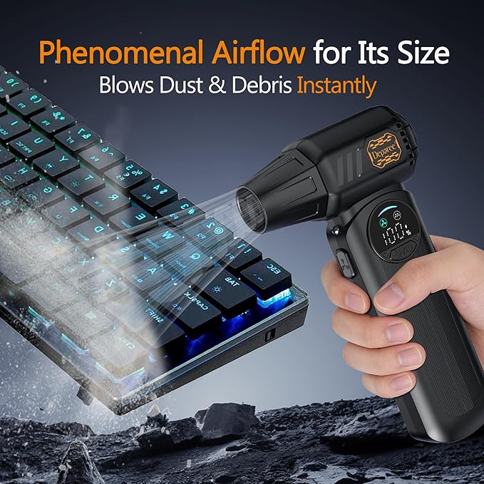 Compressed Air Duster, Super Power Turbo Air Blower with Vacuum Function, Cordless 2-in-1 Cleaning Tool, 8000mAh Battery, LED Light for PC Keyboard Car Cleaning (Black)