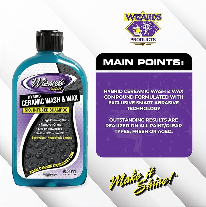 Wizards Hybrid Ceramic Car Wash and Wax Wash Si02 Infused Shampoo - Cleans, Coats & Protects Car Wash Liquid for Mechanics & Car Enthusiasts
