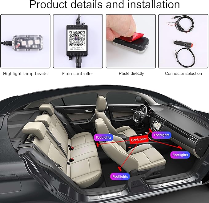 Car Ambient Lighting Kit Bluetooth App Control + RF Remote Control 64 Colors Multicoloured Music Interior Footwell Lighting Kit 12V