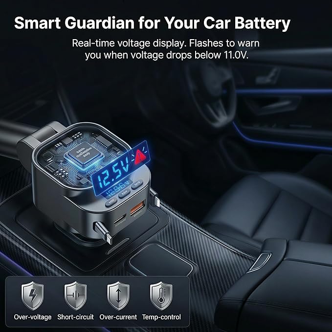Retractable Car Charger, 96W FM Transmitter, 4-in-1 Fast Charging USB C Bluetooth 5.3 Car Adapter, Wireless Radio Receiver