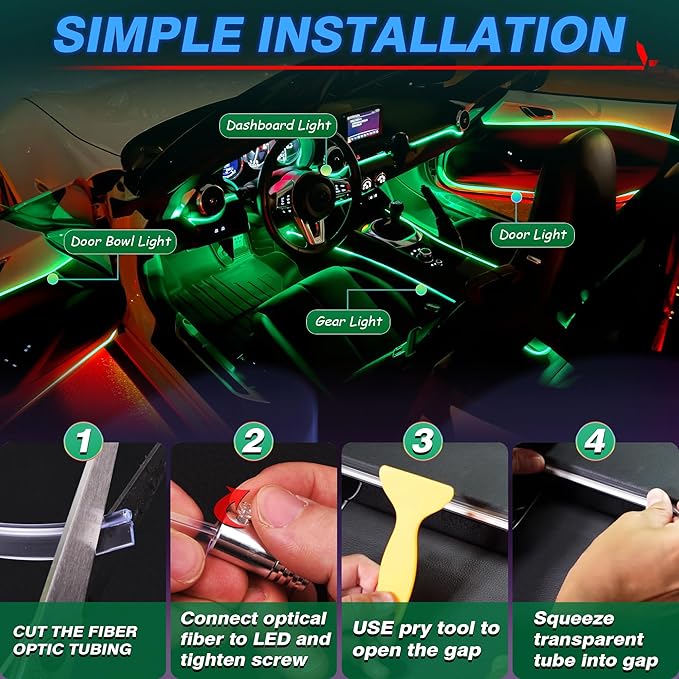 MICTUNING Car LED Interior Strip Light, 8 in 1 RGB Multicolor with 400 inches Fiber Optic Ambient Lighting Kits with Remote and APP Control, Car USB LED Strip Lights with Music Sync Mode