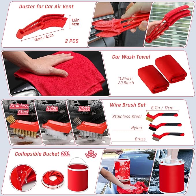 37PCS Car Detailing Kit Interior Cleaner, Auto Detailing Kit, Car Vacuum Car Interior Detailing Kit, Car Wash Kit with Bucket Detailing Brush Set Car Accessories for Motorcycle, Cars, Bikes, Wheels