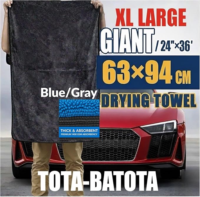 Microfiber Car Drying Towel 36"x24" – 1400 GSM Twisted Yarn, Ultra Absorbent, Scratch-Free, Machine Washable – Bonus 12"x12" Detail Towel, Blue/Gray