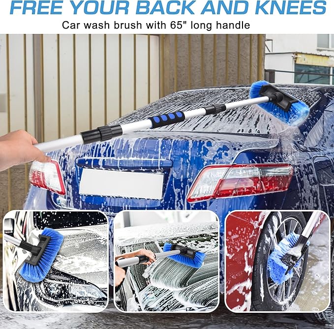 Lezcufer 65" Car Wash Brush with Long Handle, Car Wash Mop, Flow-Thru Soft Bristle Car Washing Brush with Extendable Handle and Hose Attachment for Car, SUV, Truck,RV, Boat