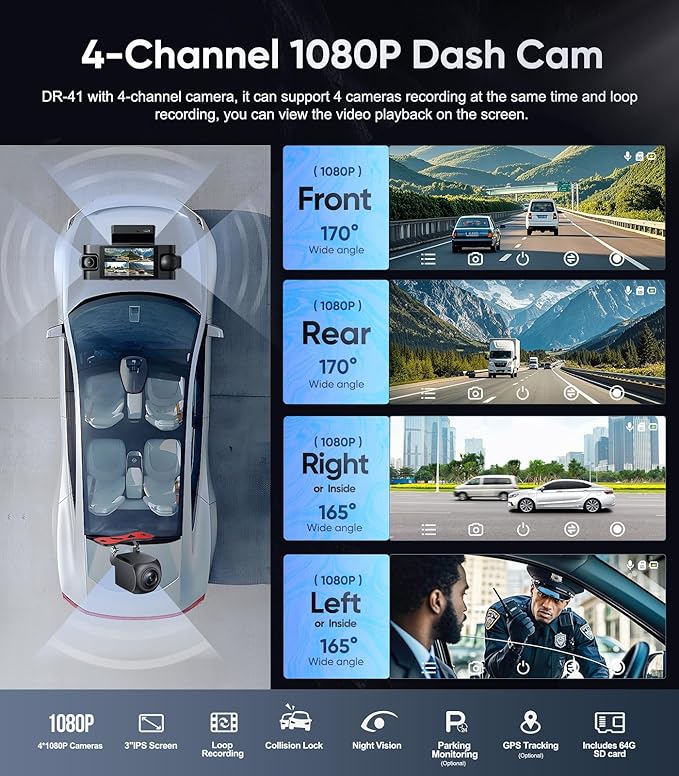 4 Channel Dash Cam Front and Rear Inside Left Right, 1080P Dash Camera for Cars,Car Camera with 3" IPS Screen,Night Vision,Included 64GB Card,Support Optional GPS, 24/7 Recording Parking Mode