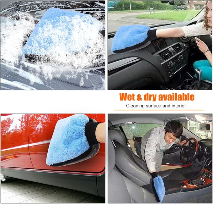 2pcs Car Wash Mitts - Double Faced Coral Velvet Clean Gloves - Scratch-Free No Falling Wool - Auto Window Door Water Absorption Cleaning Brush Tools (Blue - 2 Pack)