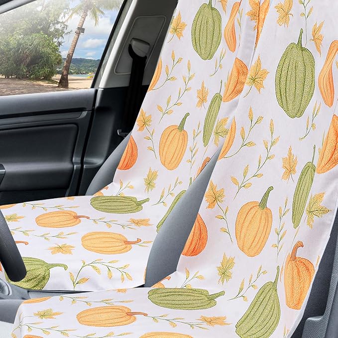 Hahafelt 2 Pack Car Seat Towel Covers with Storage Bag, 63 x 32 Inch Universal Non Slip Waterproof Sweat Protector for Car Truck, Gym Swimming Running, Machine Washable (Yellow Pumpkin,Green Pumpkin)