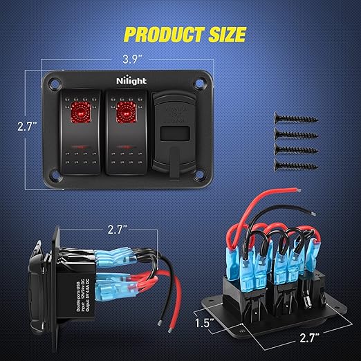 Nilight 2 Gang Rocker Switch Panel Red Backlit with 4.8 Amp Dual USB Charger Voltmeter Waterproof 12V 24V DC Night Glow Stickers for Car Trucks Boats RVs
