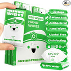 Impossibly Compact Travel Antibacterial Wipes Hand Sanitizer - 99.5% Water and Aloe - Safe for Sensitive Skin & Hypoallergenic Hand Wipes - Travel Essentials For Adults & Kids, 30 Pack Total 180 Wipe
