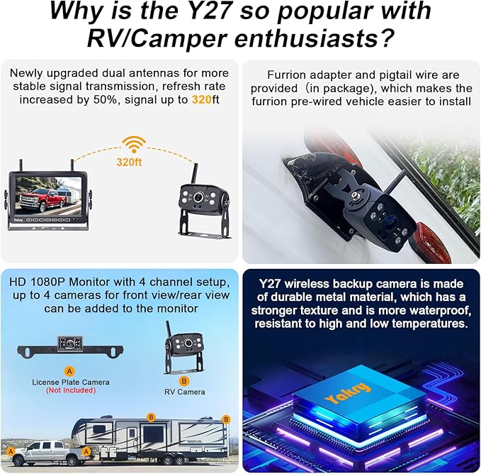 RV Backup Camera Wireless Plug and Play: Pre-Wired for Furrion System Recording Wide View Rear View Camera Clear Night Vision HD 1080P 7'' Touch Key Monitor for Trailer Camper Motorhome Yakry Y27-N