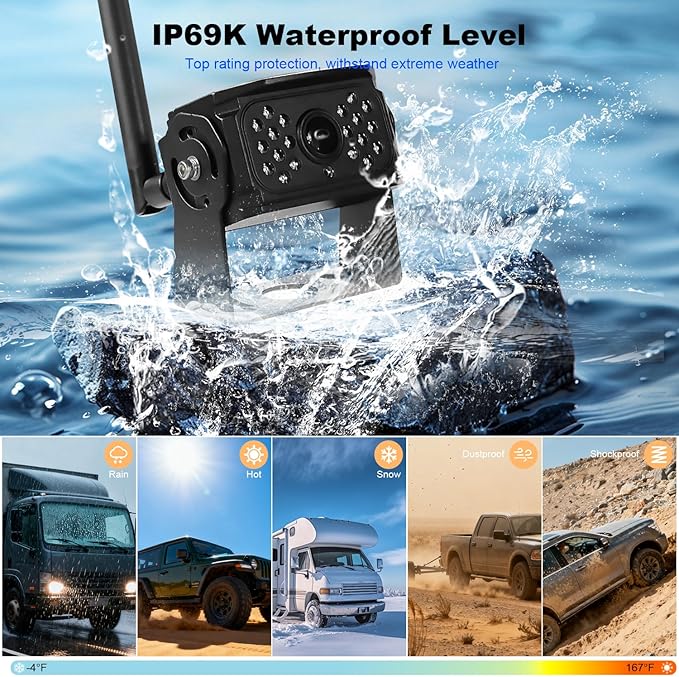 4-Camera Wireless RV Backup System, RV Backup 4 Camera Wireless with 7'' HD Monitor System for RV Truck Trailer Camper, 4-Split Screen, 984FT Signal Range, BSD Alert, IP69K Waterproof IR Night Vision