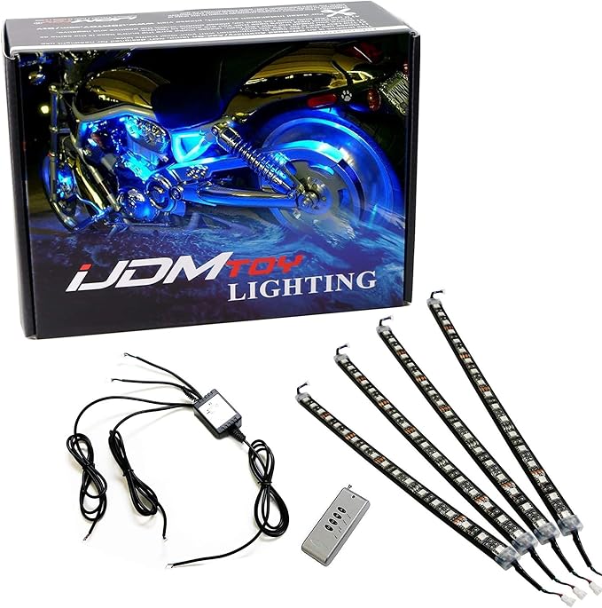iJDMTOY 4pc Motorcycle Underglow LED Strip Light Kit RGB Neon Accent Night Riding Light Ground Effect Atmosphere Lighting Kit for Motorbike Trikes Golf Carts ATVs UTVs Decoration