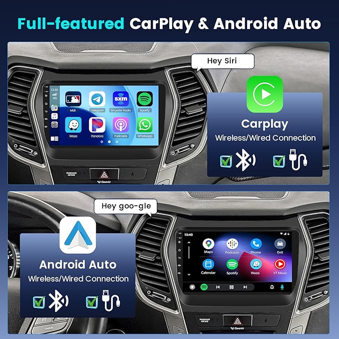 Fuluku【8 Core 4+64GB】 for 2013-2017 Hyundai Santa Fe Android 15 Car Stereo with Wireless Carplay Android Auto, 9'' Touch Screen Radio Dash Kit GPS/WiFi/32EQ DSP/Bluetooth 5.0/SWC/Mic, Backup Cam