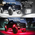 8 Pods RGBW LED Rock Lights Full Kit, 6500K Pure White (Not Mixed) & RGB Underglow for Jeeps Truck Golf Cart ATV UTV RZR Pickup, App/RF Remote Smart Brake Music Sync, Waterproof Offroad Underbody 12V