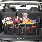 Collapsible Trunk Organizer with Insulated Leakproof Cooler Bag,Removable Lid,Adjustable Securing Straps,3 Compartments Trunk Organizer for SUV,Truck,Sedan(Grey & Black)