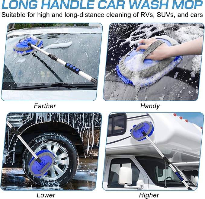 Lezcufer 65" Car Wash Brush with Long Handle, Car Wash Mop, Flow-Thru Soft Bristle Car Washing Brush with Extendable Handle and Hose Attachment for Car, SUV, Truck,RV, Boat