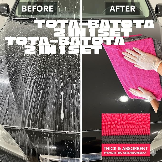 Microfiber Car Drying Towel 36"x24" – 1400 GSM Twisted Yarn, Ultra Absorbent, Scratch-Free, Machine Washable – Bonus 12"x12" Detail Towel, Pink/Gray