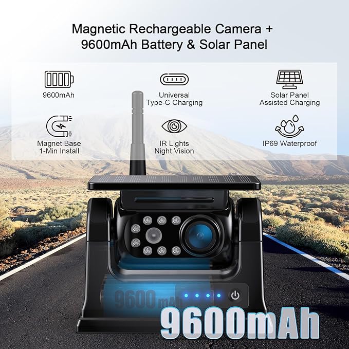 Fookoo 10.1" Solar Magnetic Wireless Backup Camera HD 1080P Touchscreen Monitor 1 Min DIY Install Portable Scratch-Proof No Drilling DVR Rechargeable Night Vision for RV Truck Camper - DCM1002