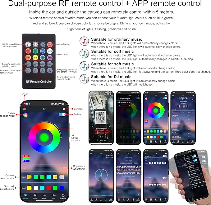 RGB Car Footwell Ambient Lighting Kit 16.7 Millions Colors Sound Active Music Sync APP Control Cigarette Lighter Car Interior Multicolored Footwell Atmosphere Light DC 12V