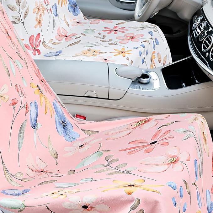 Hahafelt 2 Pack Car Seat Towel Covers with Storage Bag, 63 x 32 Inch Universal Non Slip Waterproof Sweat Protector for Car Truck, Gym Swimming Running, Machine Washable (Watercolor Flowers)