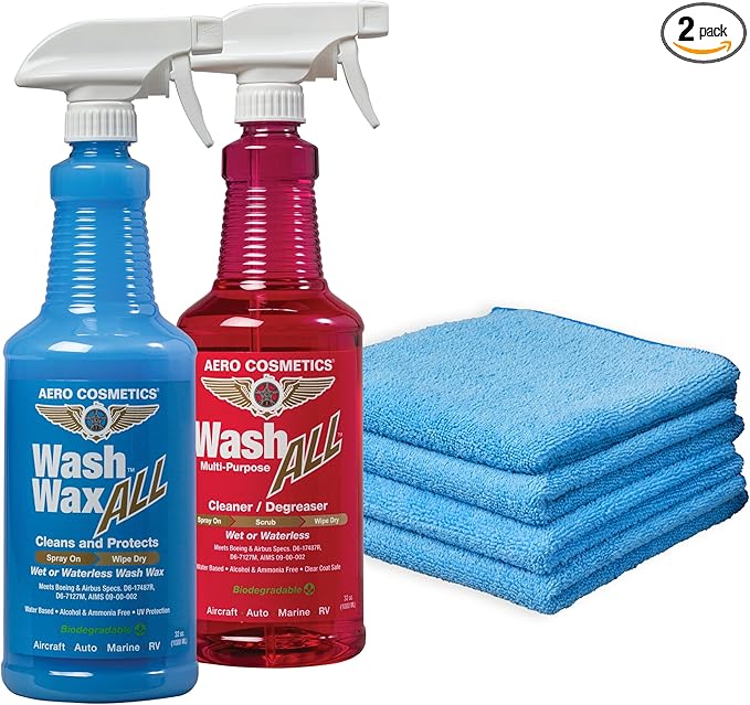Aero Cosmetics Wash All Multi-Purpose Cleaner Degreaser and Wash Wax All Wet or Waterless Wash and Wax for Your Car, RV, & Boat. 32oz Kit