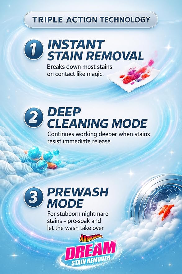 Abracadabra® Dream Stain Remover - 16oz Instant Stain Treatment for Fresh Spills & Set-In Stains, Kid & Pet Safe, Zero Bleach or Peroxide - For Clothing, Upholstery & Carpet - the perfect prewash