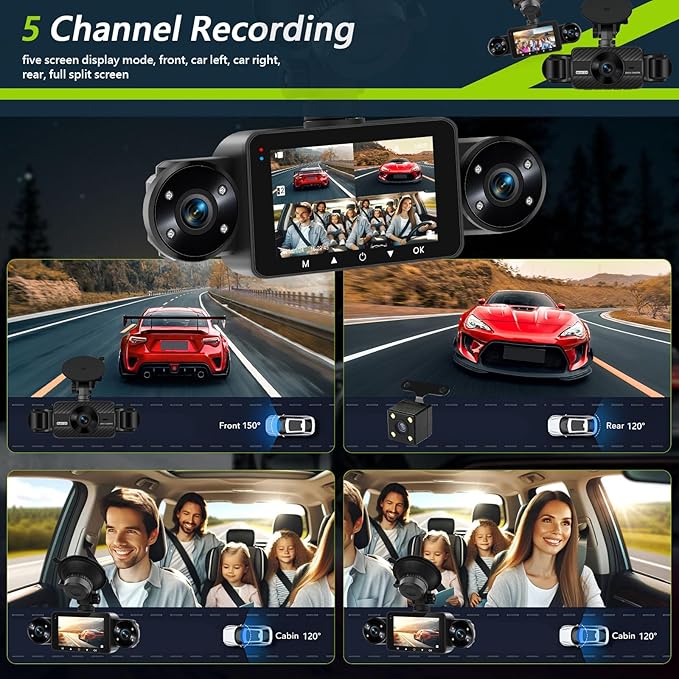 SIXTOP 360 Degree View 4 Channel Dash Cam,1080P Front and Rear Inside Left Right Dash Camera for Cars, 3" IPS Screen Night Vision, G-Sensor, 24H Parking Mode,Wide Angle Loop Recording,Reverse Assist