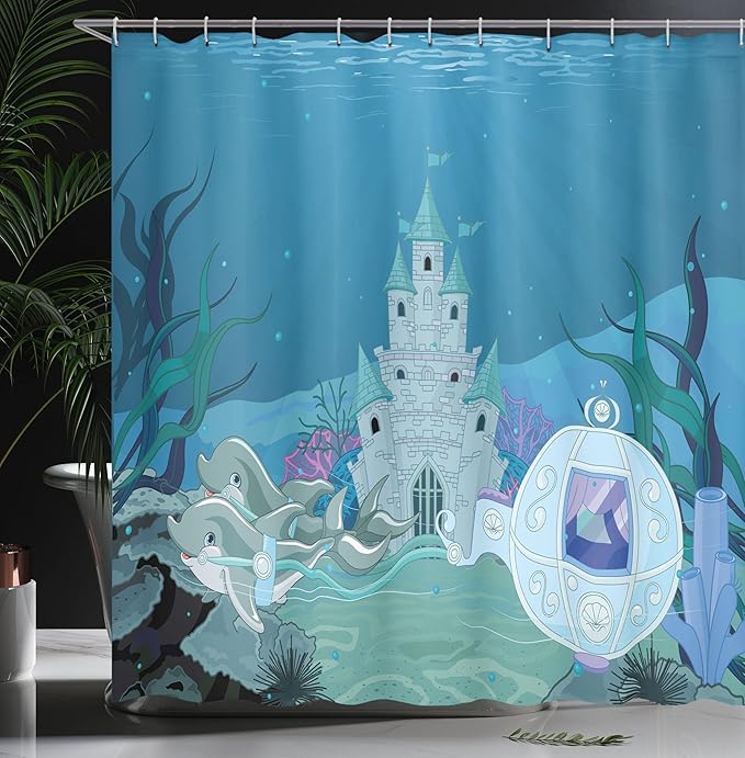 Ambesonne Ocean Shower Curtain, Mermaid Castle with Dolphins Moss Fish Sun Beams Art Print, Cloth Fabric Bathroom Decor Set with Hooks, 69" W x 70" L, Turquoise Teal